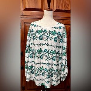 Lane Bryant Green and White 3/4 Sleeve Smocked Blouse